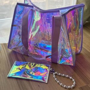 Iridescent Holographic Tote Bag with Pouch Beach Bag Clear Bag Brand New